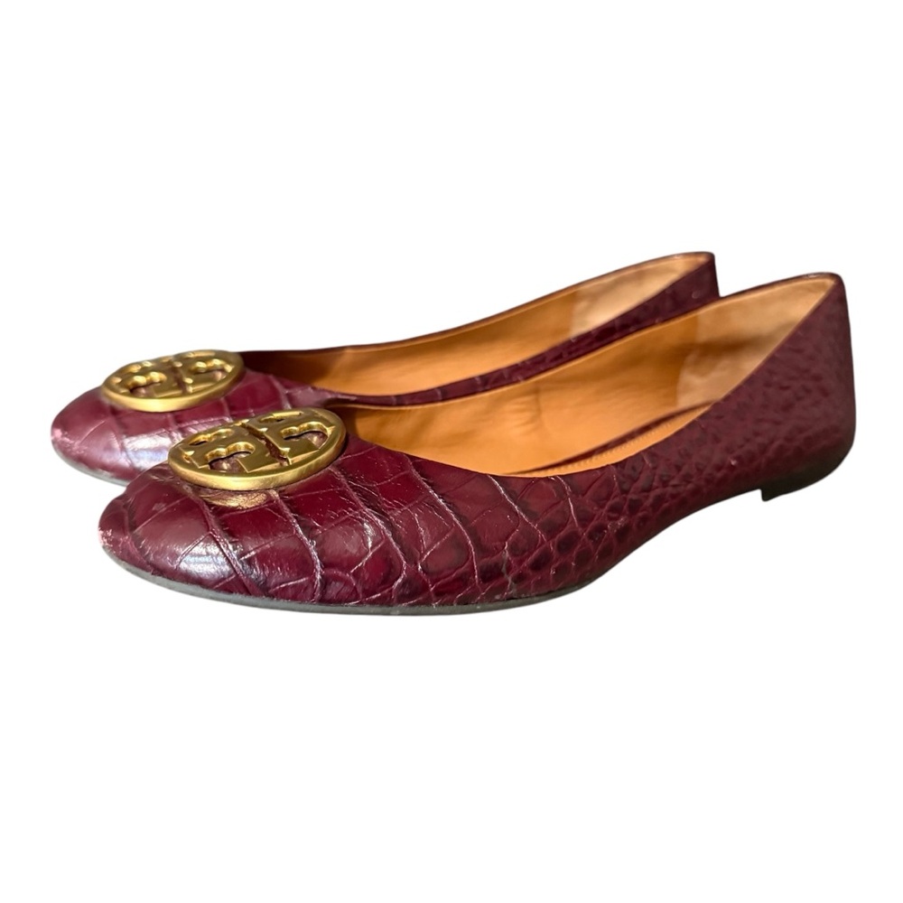 Tory Burch Burgundy Croc Embossed Leather Chelsea Ballet Flats‎ Size 38.5 or 8